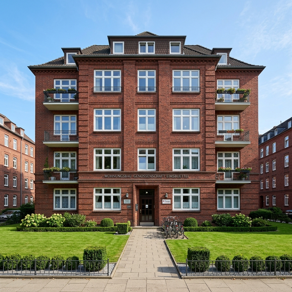 Klassische Backstein-Wohnanlage in Hamburg mit gepflegter Grünfläche